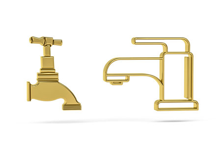 Golden 3d faucet icon isolated on white background - 3d renderの写真素材