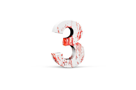 Bloody digit 3 - three dimensional number 3 with texture from blood on white background - 3d render
