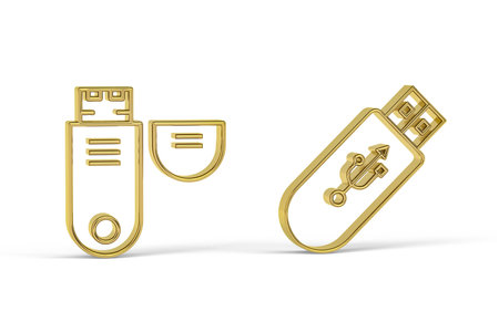 Golden 3d pendrive icon isolated on white background - 3d renderの写真素材