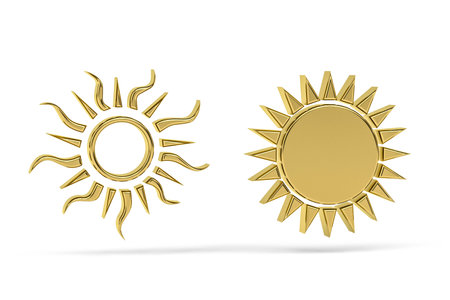 Golden 3d sun icon isolated on white background - 3d renderの写真素材