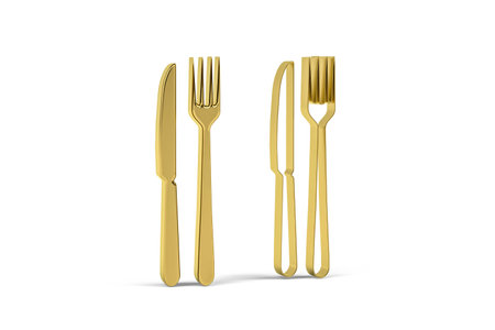 Golden 3d cutlery icon isolated on white background - 3d renderの写真素材