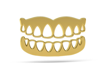 Golden 3d teeth icon isolated on white background - 3d renderの写真素材