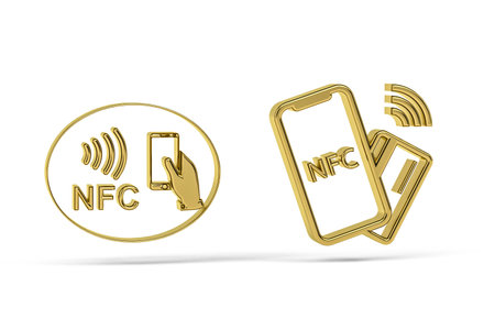 Golden 3d NFC payment icon isolated on white background - 3d renderの写真素材