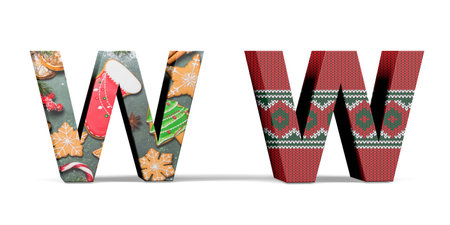 Christmas letter W - two three dimensional letter W with textures with Christmas themes on white background - 3d renderの写真素材