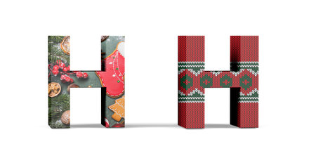 Christmas letter H - two three dimensional letter H with textures with Christmas themes on white background - 3d renderの写真素材