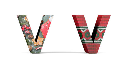 Christmas letter V - two three dimensional letter V with textures with Christmas themes on white background - 3d renderの写真素材