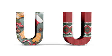 Christmas letter U - two three dimensional letter U with textures with Christmas themes on white background - 3d renderの写真素材