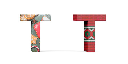 Christmas letter T - two three dimensional letter T with textures with Christmas themes on white background - 3d renderの写真素材