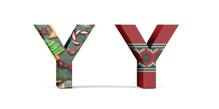 Christmas letter Y - two three dimensional letter Y with textures with Christmas themes on white background - 3d renderの写真素材