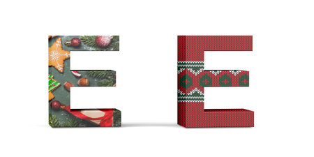 Christmas letter E - two three dimensional letter E with textures with Christmas themes on white background - 3d renderの写真素材
