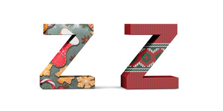 Christmas letter Z - two three dimensional letter Z with textures with Christmas themes on white background - 3d renderの写真素材