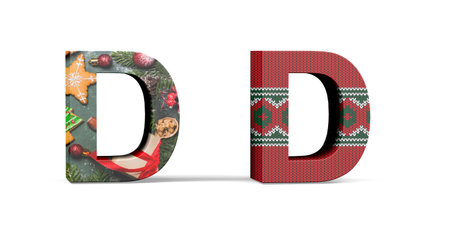 Christmas letter D - two three dimensional letter D with textures with Christmas themes on white background - 3d renderの写真素材