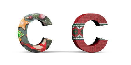 Christmas letter C - two three dimensional letter C with textures with Christmas themes on white background - 3d renderの写真素材