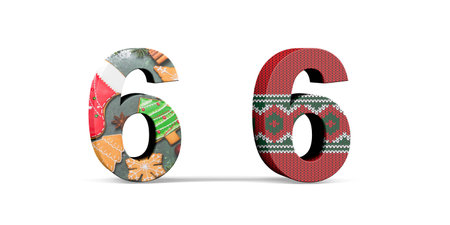 Christmas number 6 - two three dimensional 6 number with textures with Christmas themes on white background - 3d renderの写真素材