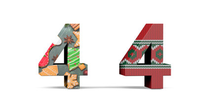 Christmas number 4 - two three dimensional 4 number with textures with Christmas themes on white background - 3d renderの写真素材