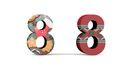 Christmas number 8 - two three dimensional 8 number with textures with Christmas themes on white background - 3d renderの写真素材
