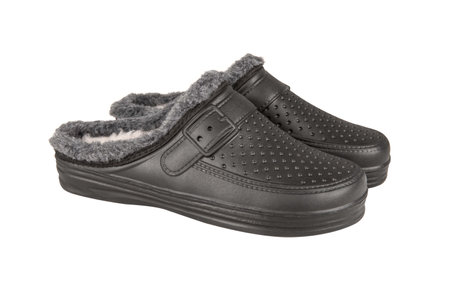 Garden shoes - low black shoes for gardening work on a white backgroundの写真素材