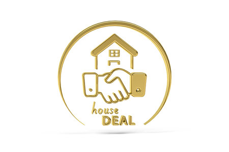 Golden 3d house deal icon isolated on white background - 3d renderの写真素材