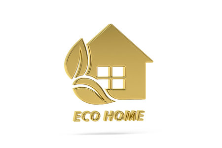 Golden 3d eco home icon isolated on white background - 3D renderの写真素材