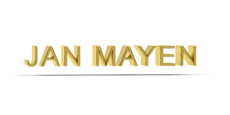 Golden 3D Jan Mayen inscription isolated on white background - 3D renderの写真素材