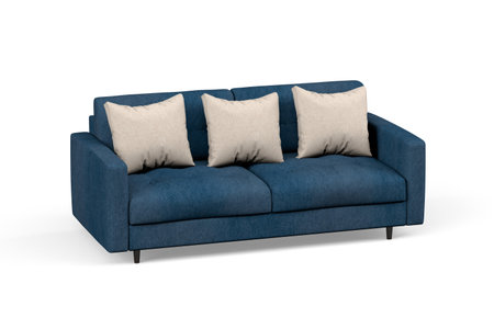 Two seater sofa in blue fabric with gray pillows and wooden legs on white background - 3d renderの写真素材