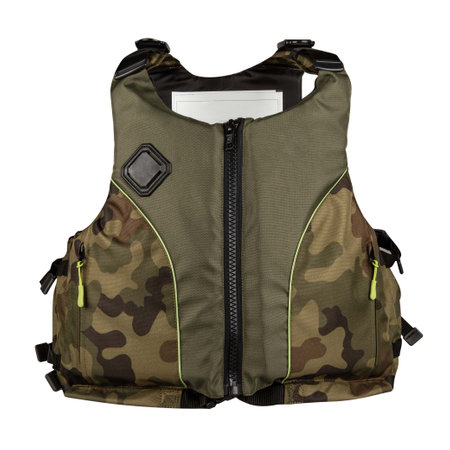 Green camo fishing vest isolated on white backgroundの写真素材
