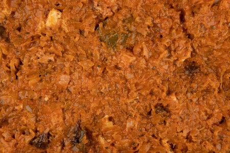 Hunter's stew texture - top view and closeup pork stew with cabbage - popular Polish "Bigos"の写真素材