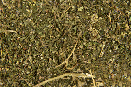 Hemp tea texture - top view and close-up on hemp tea leavesの写真素材