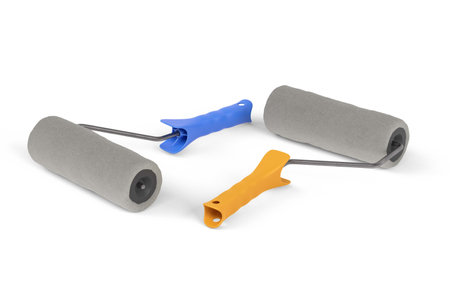 Two paint rollers in orange and blue colors on a white background - 3D renderの写真素材
