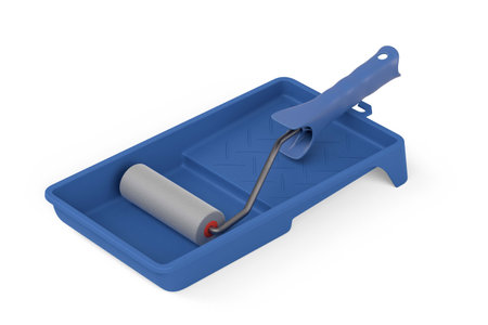 A blue tray with a paint roller on a white background - 3D renderの写真素材