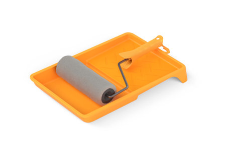 An orange tray with a paint roller on a white background - 3D renderの写真素材