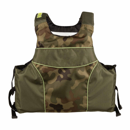 Green camo fishing vest isolated on white backgroundの写真素材