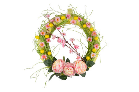 Easter door wreath isolated on white backgroundの写真素材