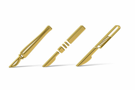 Golden 3d scalpel icon isolated on white background - 3D renderの写真素材