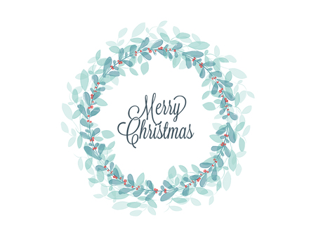 Christmas greetings card with green leaf and red holly jolly created with watercolor brushes effectのイラスト素材