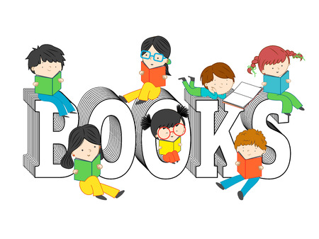 Children and kids reading and sitting on books text vector illustration isolated on white backgroundのイラスト素材