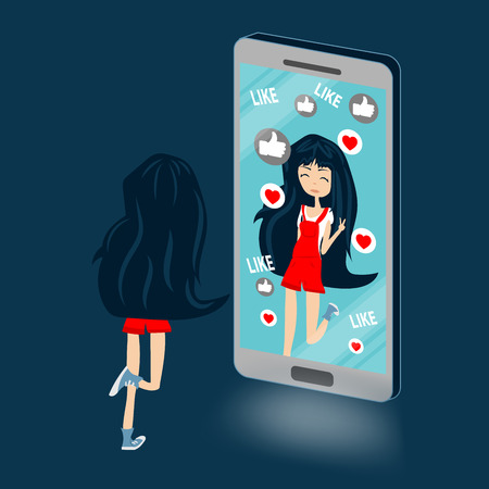 Young girl is reflected in the mirror smartphone alone - Vector conceptual illustration for social addictionのイラスト素材