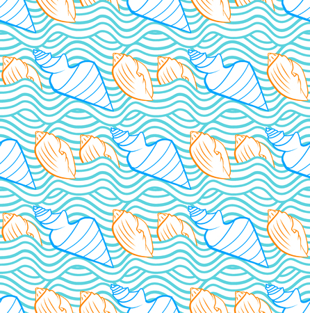 Summer vector seamless pattern with orange, blue and azure sea waves and seashells hand drawnのイラスト素材