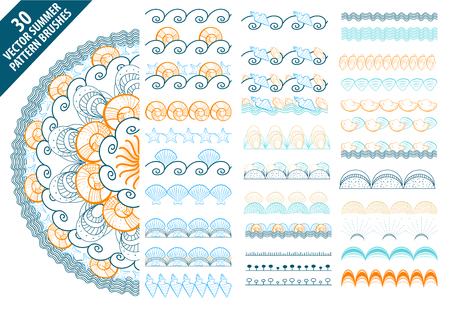 Summer vector pattern brushes with hand drawn colorful seashells and waves set.のイラスト素材