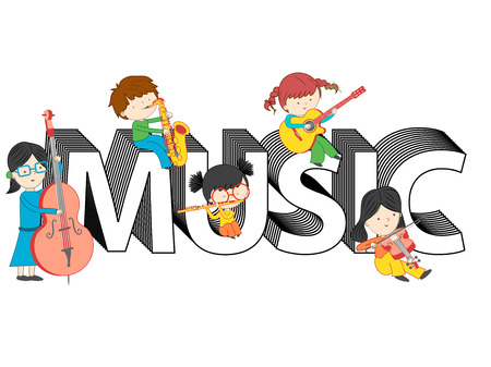 kids playing and sitting on music text vector illustration isolated on white backdropのイラスト素材