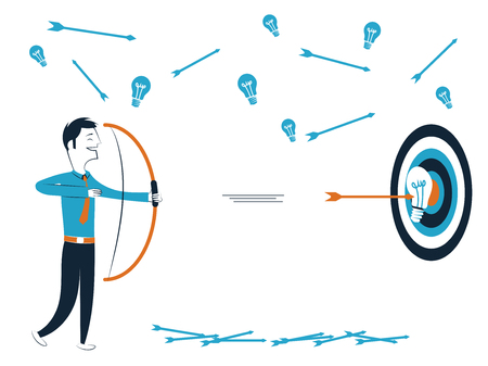Business man with arrow and arrow that hits the target with good idea vector illustration isolated on white backdropのイラスト素材