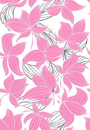 Floral vector seamless pattern with hand drawn black flowers on colorful leaves - Moire outline illustrationのイラスト素材