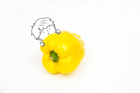 Happy cute boy embracing a yellow big pepper  isolated on white background - Healthy food and nutrition for kids illustrationの写真素材