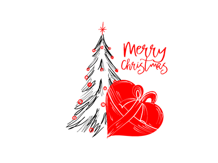 Merry Christmas greetings cards hand draawn with black and rec ink pens for loving holidays - Vector Illustration isolated on whiteのイラスト素材