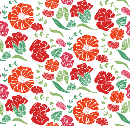 Vector seamless pattern with red roses, orange flowers and green leaves isolated on white backgroundのイラスト素材