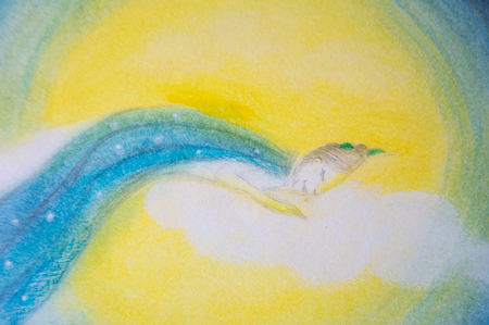 Woman sleeping and dreaming on moon and cloud - Hand painted illustrationの写真素材