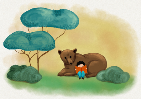 A boy reading with cute bear in green woodland and imagining fantastic story and dream - Digital painting illustration for concept to love booksの写真素材
