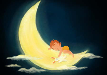 Digital painted night scene of baby kid sleeping on light moon and cluods on the dark sky textured illustration created with watercolor, oil and gouache brushesの写真素材