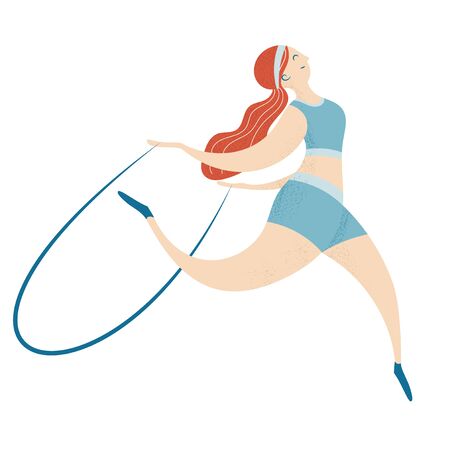 Female Character Engage Sport Activities Doing Exercises, Fitness Workout, Running, Jumping on Rope. Healthy Lifestyle Leisure. Cartoon Flat Vector Illustration isolated on white backgroundのイラスト素材