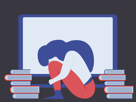 Vector conceptual illustration for homeschooling. Stressed teenager femal girl by covid pandemic situationのイラスト素材